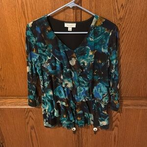 Teal and black floral ruffled top